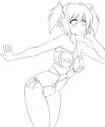 Rule 34 | 10s, 1girl, female focus, greyscale, kaname madoka, lineart, mahou shoujo madoka magica, mahou shoujo madoka magica (anime), maullarmaullar, monochrome, shibari, shibarikini, short twintails, solo, twintails, unfinished
