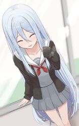 1girl arm_rest bare_legs black_cardigan blush breasts cardigan closed_eyes collarbone commentary day double-parted_bangs english_commentary facing_viewer from_above grey_serafuku grey_shirt grey_skirt hair_between_eyes hand_up highres indoors kunizaki long_hair long_sleeves miyamasuzaka_girls&#039;_academy_school_uniform neckerchief open_cardigan open_clothes open_mouth pleated_skirt project_sekai red_neckerchief sailor_collar school_uniform serafuku shirt sidelocks skirt sleeves_past_wrists small_breasts solo standing straight_hair very_long_hair white_hair white_sailor_collar yoisaki_kanade