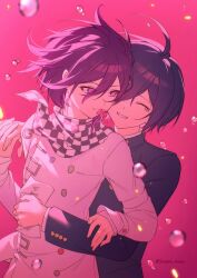2boys ahoge black_hair black_jacket buttons closed_eyes danganronpa_(series) danganronpa_v3:_killing_harmony ewa_(seraphhuiyu) flower grin hair_between_eyes highres hug hug_from_behind jacket long_sleeves male_focus multiple_boys oma_kokichi pink_eyes saihara_shuichi short_hair smile teeth yaoi