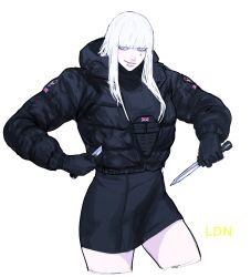 1girl absurdres black_gloves fur-trimmed_jacket fur_trim gloves gun highres holding holding_gun holding_weapon jacket long_hair looking_at_viewer original parted_lips peinlike simple_background skirt smile solo union_jack weapon white_background white_eyes white_hair