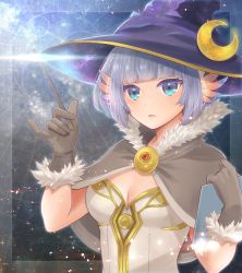 1girl blue_eyes blue_hair blue_wings blunt_bangs breasts brooch brown_cape brown_gloves cape commentary crescent crescent_hat_ornament dress fur-trimmed_cape fur-trimmed_gloves fur_trim gloves hat hat_ornament head_wings high_wizard_(ragnarok_online) highres holding holding_wand jewelry kotoharu looking_at_viewer magic_circle medium_breasts open_mouth orange_wings purple_hat ragnarok_online ragnarok_origin short_hair solo strapless strapless_dress two-tone_wings upper_body wand white_dress wings witch_hat