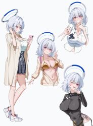 1girl absurdres alternate_costume alternate_hair_length alternate_hairstyle bikini black_dress black_skirt blue_archive blush cellphone china_dress chinese_clothes closed_mouth double_v dress floral_print floral_print_dress gold_bikini grey_hair grin gyaru_v hair_between_eyes high-waist_skirt highres holding holding_phone jacket lanhua227 looking_at_viewer noa_(blue_archive) one_eye_closed open_clothes open_jacket open_mouth open_shirt phone print_dress purple_eyes shirt shoes short_hair short_sleeves sidelocks skirt smartphone smile solo swimsuit thighhighs v white_shirt white_shoes white_thighhighs yellow_jacket yellow_shirt