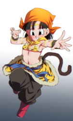 1girl alternate_costume animal_print bandana black_eyes black_hair black_pants boots clenched_teeth cosplay dragon_ball dragon_ball_gt flat_chest full_body gradient_background grey_background looking_at_viewer monkey_tail navel orange_bandana pan_(dragon_ball) pants red_boots rom_(20) short_hair smile solo sun_wukong sun_wukong_(cosplay) tail teeth tiger_print