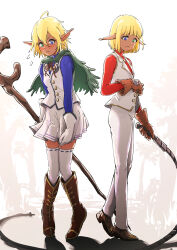 1boy 1girl aura_bella_fiora blonde_hair blue_shirt blush boots brother_and_sister brown_gloves cosplay costume_switch dark_elf elf full_body gloves heterochromia highres long_sleeves mare_bello_fiore miniskirt ninjin_ika overlord_(maruyama) pants pointy_ears red_shirt shirt shoes short_hair siblings skirt thighhighs tomboy twins vest white_gloves white_pants white_skirt white_thighhighs white_vest wooden_staff