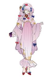Rule 34 | 1girl, alternate costume, bag, clutch purse, dress, hair bun, hair ribbon, handbag, high heels, highres, hobble dress, holding, holding bag, long dress, long sleeves, patchouli knowledge, pink dress, pink hair, puffy sleeves, purple eyes, red shoes, ribbon, round eyewear, shoes, solo, teardrop-framed glasses, touhou, white background, zenritsu