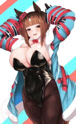 1girl animal_ears arms_up black_gloves black_leotard blue_coat blunt_bangs blush bob_cut bow bowtie breasts brown_pantyhose coat commentary_request ear_ribbon feet_out_of_frame gloves hisagi_(hisagi00) huge_breasts leotard looking_at_viewer multicolored_hair open_clothes open_coat open_mouth pantyhose rabbit_pose red_bow red_bowtie red_eyes red_ribbon ribbon roots_(hair) smile solo transcend_(umamusume) umamusume white_background