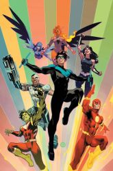 3girls 4boys animal_hands arm_cannon bare_shoulders beast_boy_(dc) black_bodysuit black_hair bodysuit bracelet breasts cape colored_skin comic_cover commentary cover_image cyborg cyborg_(dc) dan_mora dc_comics dick_grayson domino_mask english_commentary flying green_eyes green_skin grey_skin highres hip_vent holding insignia jewelry large_breasts lightning looking_at_viewer male_focus mask multiple_boys multiple_girls muscular muscular_male nightwing official_art orange_skin pale_skin raven_(dc) red_bodysuit red_hair short_hair signature smile starfire superhero_costume teen_titans teeth the_flash transformation two-tone_bodysuit wally_west weapon western_comics_(style) wonder_girl