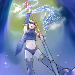 1girl blue_eyes blue_headwear bodysuit byte_(grunty-hag1) crop_top dragon fairy_leviathan_(mega_man) glowing helmet holding holding_javelin holding_weapon ice ice_dragon mega_man_(series) mega_man_zero_(series) underwear weapon white_bodysuit