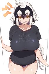 1girl absurdres ahoge alternate_costume black_shirt blush bora breasts clenched_teeth fate/grand_order fate_(series) grey_hair headpiece highres jeanne_d&#039;arc_alter_(fate) large_breasts long_hair looking_at_viewer non-web_source panties shirt short_sleeves solo striped_clothes striped_panties teeth thighs underwear wide_hips yellow_eyes