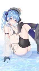 1girl adapted_costume arm_strap armpit_crease ass beret bikini black_gloves black_thighhighs blue_choker blue_eyes blue_hair blue_nails blue_ribbon blush breasts choker crown double-parted_bangs earrings feet_out_of_frame front-tie_bikini_top front-tie_top gloves grey_bikini grey_hat hair_between_eyes hair_over_shoulder hair_ribbon hand_on_own_knee hat highres hololive hoshimachi_suisei hoshimachi_suisei_(1st_costume) jewelry knees_up legs looking_at_viewer medium_hair mini_crown multi-strapped_bikini_bottom navel necklace off_shoulder open_clothes open_shirt parted_lips partially_fingerless_gloves plaid_bikini plaid_clothes plaid_hat ribbon see-through_clothes see-through_shirt shirt side_ponytail sideboob sidelocks simple_background single_thighhigh skindentation small_breasts solo star_(symbol) star_choker star_earrings star_in_eye stomach swimsuit symbol_in_eye thigh_strap thighhighs tilted_headwear tojo_aoi virtual_youtuber wet white_background white_shirt