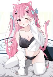 1girl ahoge animal_ears black_bra black_panties blue_bow blush bow bra breasts cat_ears cat_girl cat_tail fish_hair_ornament ghost_hair_ornament hair_bow hair_ornament hairclip heart heart_hair_ornament highres indie_virtual_youtuber large_breasts long_hair long_sleeves looking_at_viewer navel one_eye_closed open_mouth orange_san panties pink_bow pink_eyes pink_hair shirt simple_background sleeves_past_wrists solo stomach tail tail_bow tail_ornament thighhighs thighs two_side_up underwear virtual_youtuber white_background white_shirt white_thighhighs wing_hair_ornament yuuki_sakuna