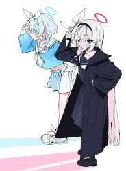 2girls arona_(blue_archive) bad_id bad_pixiv_id black_coat black_eyes black_hairband black_serafuku black_shirt black_skirt blue_archive blue_hair blue_shirt blush bow bow_hairband braid choker coat colored_inner_hair commentary_request dorontabi eyes_visible_through_hair footwear_bow from_side full_body hair_bow hair_over_one_eye hairband halo hand_on_own_hip hand_up highres leaning_forward loafers long_hair long_sleeves looking_ahead looking_at_viewer looking_to_the_side medium_hair midriff multicolored_hair multiple_girls neckerchief open_clothes open_coat pink_hair plana_(blue_archive) pleated_skirt red_pupils salute school_uniform serafuku shading_eyes shirt shoes side_braid simple_background skirt standing standing_on_one_leg very_long_hair white_background white_bow white_hair white_hairband white_neckerchief white_shoes white_skirt