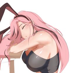 1girl absurdres animal_ears black_hair black_tube_top breasts closed_eyes fake_animal_ears highres hololive hololive_english katosh large_breasts long_hair mori_calliope mori_calliope_(rock_bunny) multicolored_hair official_alternate_costume rabbit_ears simple_background sleeping solo strapless streaked_hair tube_top virtual_youtuber white_background