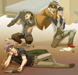 4boys ace_(playing_card) ace_of_clubs ace_of_diamonds ace_of_hearts ace_of_spades akagi akagi:_yami_ni_oritatta_tensai akagi_shigeru akashiba asphyxiation bad_id bad_pixiv_id battle bed belt black_hair board_game brown_hair brown_pants buraiden_gai card club_(shape) creator_connection diamond_(shape) fukumoto_mahjong heart indoors itou_kaiji jacket kaiji kudou_gai lying mahjong male_focus multiple_boys on_side pants playing_card reading spade_(shape) strangling tobaku_haouden_zero ukai_zero violence wrestling