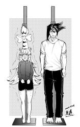 Rule 34 | 1boy, 1girl, animal ears, anton ivanov, arms at sides, aruaruhizen117, barefoot, blush, bow, cheating (competitive), closed mouth, dated, full body, gym shorts, headband, height conscious, height difference, highres, jacket, ju fufu, long hair, long sleeves, long tail, looking at another, measuring, medium hair, multicolored hair, nose blush, open mouth, pants, shirt, short sleeves, shorts, straight-on, sweat, tail, tail bow, tail ornament, tiger ears, tiger girl, tiger tail, tiptoes, toes, track pants, trembling, v-shaped eyebrows, very long hair, zenless zone zero