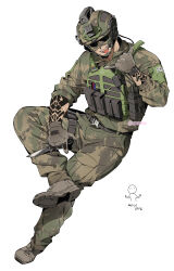 Rule 34 | 1boy, \m/, absurdres, ammunition pouch, arm tattoo, belt, black belt, boots, brown shoes, bulletproof vest, call of duty, call of duty: modern warfare 2, camouflage, combat helmet, combat knife, gloves, grey gloves, helmet, highres, holding, holding knife, holster, horangi (modern warfare 2), invisible chair, knife, korean commentary, korean text, long sleeves, looking at viewer, male focus, mask lift, military, military combat uniform, military uniform, niktatek0, open mouth, pouch, shoes, simple background, sitting, smile, soldier, solo, south korean flag, sunglasses, tattoo, thigh holster, tongue, tongue out, twitter username, watch, weapon, white background, wristwatch