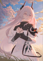1girl arknights artist_name black_dress black_horns closed_mouth cloud commentary cowboy_shot dated day dress fingernails frilled_sleeves frills hair_between_eyes hair_intakes hands_up highres horns jewelry layered_sleeves light_particles long_hair long_sleeves looking_afar outdoors own_hands_together pink_eyes ring signature smile solo standing sunlight sy509 theresa_(arknights) vial white_dress white_hair wind