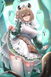 1girl apron breasts brown_hair burnt_green_tea clothes_lift commentary cowboy_shot dress dress_lift garter_straps green_dress green_eyes hat highres indie_virtual_youtuber large_breasts nimi_nightmare nurse_cap one_side_up short_hair solo_focus thighhighs virtual_youtuber white_thighhighs