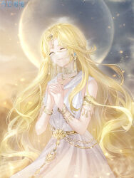 Rule 34 | 1girl, artist request, blonde hair, bracelet, chain, circlet, closed eyes, copyright name, cowboy shot, desert, dress, earrings, expressionless, eyelashes, full moon, game cg, gold armlet, gold belt, gold bracelet, gold chain, gold earrings, gold necklace, highres, interlocked fingers, iriana (miracle nikki), jewelry, light particles, logo, long dress, long hair, miracle nikki, moon, mouth veil, multiple bracelets, necklace, nikki (series), official art, outdoors, own hands together, pleated skirt, praying, see-through clothes, see-through veil, sidelocks, skirt, sleeveless, sleeveless dress, solo, standing, third-party source, twilight, veil, very long hair, wavy hair, white dress, white veil