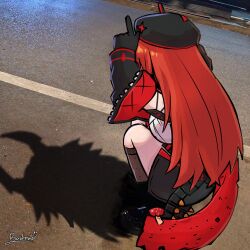 1girl absurdres artist_name backsine black_gloves black_shoes black_skirt breasts cat_shadow_puppet different_shadow gloves goddess_of_victory:_nikke highres horns horns_pose jacket large_breasts mushroom photo_background rapi_(nikke) rapi_(red_hood)_(nikke) red_hair red_scarf scarf shadow shoes signature skirt squatting