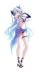 1girl absurdres alternate_costume arm_behind_head armpits bikini black_bikini black_sandals breasts elbow_gloves full_body genshin_impact gloria_(gloriao3o) gloves hair_ornament high_heels highres layered_bikini long_hair looking_at_viewer navel o-ring o-ring_thigh_strap parted_lips pink_eyes presenting_armpit purple_gloves purple_sarong sandals sarong see-through_clothes see-through_sarong simple_background skirk_(genshin_impact) solo standing striped_clothes swimsuit tachi-e thigh_strap vertical-striped_clothes white_background white_bikini white_hair