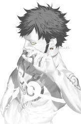 1boy abs absurdres arm_tattoo arm_up bare_pectorals chest_tattoo disembodied_hand earrings greyscale highres jewelry ksuke_(k-taro31) looking_to_the_side male_focus monochrome multiple_earrings multiple_tattoos nude one_piece pectorals piercing short_hair shoulder_tattoo sideburns simple_background solo spot_color string tattoo toned toned_male trafalgar_law white_background yellow_eyes