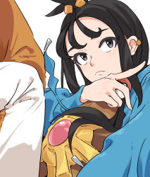 1girl blue_jacket bullfalk closed_mouth commentary ear_piercing frown gen_1_pokemon grey_eyes highres holding holding_poke_ball jacket lida_(pokemon) long_hair long_sleeves nintendo on_lap orange_pants pants piercing poke_ball poke_ball_(basic) pokemon pokemon_(creature) pokemon_legends:_z-a pokemon_on_lap sidelocks staryu topknot two-tone_pants white_pants