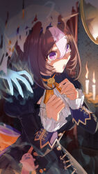 Rule 34 | 1girl, absurdres, ahoge, animal ears, black dress, bow, bowtie, breasts, brown hair, candle, dress, fire, ghost, hairband, hands up, hat, highres, horse ears, indoors, juliet sleeves, long sleeves, medium breasts, meisho doto (dot-o&#039;-lantern) (umamusume), meisho doto (umamusume), mirror, multicolored hair, open mouth, orange headwear, puffy sleeves, raised eyebrows, scared, solo, streaked hair, tearing up, umamusume, umeumeduka