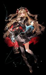 1girl 7gao absurdres artist_name black_background black_dress blonde_hair cage dress earrings ereshkigal_(fate) ereshkigal_(third_ascension)_(fate) fate/grand_order fate_(series) highres jewelry long_hair red_eyes single_leg_pantyhose tiara