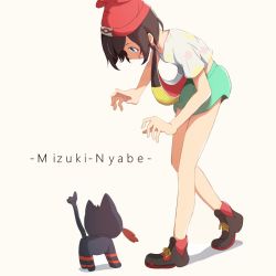 1girl :d bag bare_arms bare_legs beanie black_hair blue_eyes blush cat character_name creatures_(company) floral_print game_freak gen_7_pokemon green_shorts handbag hat highres kaori_tsuki leaning_forward litten nintendo open_mouth poke_ball_theme pokemon pokemon_(creature) pokemon_sm red_hat selene_(pokemon) shadow shirt shoes short_hair short_sleeves shorts sideways_mouth smile sneakers text_focus walking white_shirt