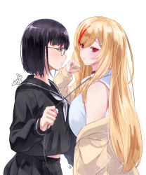 2girls absurdres black_hair black_sailor_collar black_serafuku black_shirt black_skirt blonde_hair blush breasts collar commentary glasses hair_between_eyes hair_ornament hairclip highres holding holding_leash large_breasts leash long_hair long_sleeves midriff_peek multicolored_hair multiple_girls mutsuki_(mutsuki0110) off_shoulder original parted_lips pleated_skirt purple_eyes red_collar red_eyes red_hair round_eyewear sailor_collar school_uniform serafuku shirt short_hair simple_background skirt sleeveless sleeveless_shirt streaked_hair white_background white_sailor_collar white_shirt yuri