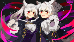 2girls :3 abstract_background animal_ears animal_hands artist_name averting_eyes black_background blue_jacket blue_shirt blue_vest breasts chest_tuft chocojax clenched_teeth closed_mouth collar commentary english_commentary fake_animal_ears fake_claws fake_tail female_robin_(fire_emblem) female_robin_(grima)_(fire_emblem) female_robin_(halloween)_(fire_emblem) fire_emblem fire_emblem_awakening fire_emblem_heroes gloves gold_buckle gold_buttons gold_trim gradient_ribbon grima_(fire_emblem) halloween highres jacket large_breasts light_blush light_particles long_hair long_sleeves looking_to_the_side male_robin_(fire_emblem) male_robin_(grima)_(fire_emblem) male_robin_(halloween)_(fire_emblem) multiple_girls nintendo parted_lips paw_gloves plaid_clothes plaid_shirt purple_ribbon red_eyes red_lips red_ribbon ribbon shirt sweatdrop swept_bangs tail teeth twintails upper_body v-shaped_eyebrows vest white_collar white_hair white_shirt wolf_ears wolf_paws wolf_tail