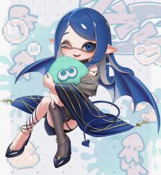 1girl anklet blue_eyes blue_hair blue_shawl blue_shoes blue_tail blue_wings chromatic_aberration commentary demon_girl demon_tail demon_wings fangs full_body grey_thighhighs highres holding holding_stuffed_toy inkling inkling_girl inkling_player_character invisible_chair jewelry legwear_garter long_hair looking_at_viewer mole mole_under_eye nintendo one_eye_closed open_mouth pointy_ears puchiman shawl shoes sidelocks signature single_thighhigh sitting smile solo splatoon_(series) stuffed_squid stuffed_toy symbol-only_commentary tail tentacle_hair thighhighs wings