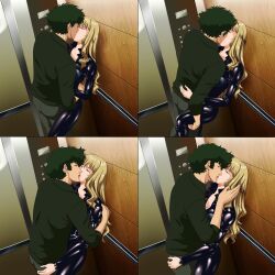 Rule 34 | absurdres, blonde hair, catsuit, couple, cowboy bebop, curly hair, green hair, highres, julia (cowboy bebop), kiss, leather, spike spiegel
