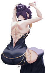 1girl alternate_costume back bl/ess black_dress breasts chain clothes_lift commentary dress english_commentary from_behind gold_chain highres hip_vent hololive hololive_english meme meme_attire modakawa_dress ninomae_ina&#039;nis open_clothes open_dress sitting sleeveless sleeveless_dress small_breasts solo tight_clothes tight_dress virtual_youtuber