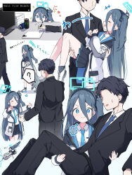 1boy 1girl ? absurdres aqua_halo aqua_necktie aris_(blue_archive) black_pants black_skirt black_suit blue_archive blue_hair carrying carrying_person coat formal_clothes halo highres long_hair mibashi_(hash1_bam1) multiple_views necktie pants side_ponytail skirt spoken_question_mark suit translation_request walking white_coat