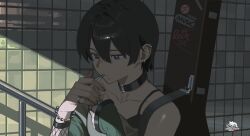 1girl absurdres artist_name black_bra black_eyes black_hair bra cigarette collarbone ear_piercing english_text fingernails grey_nails guitar_case highres instrument_case izsly multiple_piercings original piercing short_hair solo underwear upper_body