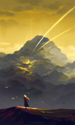 1girl artist_name bird blonde_hair cloud cloudy_sky crescent_moon flock flower from_behind highres huhv. long_hair moon original outdoors scenery sky solo standing sunset very_wide_shot wide_shot yellow_sky