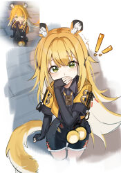 ! !! 1girl absurdres animal_ear_fluff animal_ears black_shorts blush covering_own_mouth game_screenshot_inset green_eyes highres jacket ju_fufu kimae layered_sleeves long_hair long_sleeves short_over_long_sleeves short_sleeves shorts sleeves_past_wrists solo standing tail tiger_ears tiger_tail very_long_hair yellow_jacket zenless_zone_zero