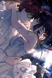 1boy 1girl 707_(susanghan_messenger) dress formal_clothes from_side hand_on_another&#039;s_waist hetero highres hug jacket long_hair looking_at_another noahxica protagonist_(susanghan_messenger) shirt short_hair star_(sky) star_(symbol) striped_glasses suit susanghan_messenger white_dress white_jacket white_shirt white_suit