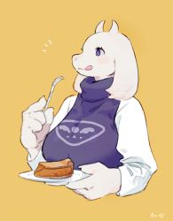 1girl :3 animal_ears artist_name bebebe blush blush_stickers breasts claws closed_mouth dress eating female_focus food fork furry furry_female goat_ears goat_horns hands_up happy holding horns large_breasts licking_lips light_blush long_sleeves notice_lines pie pie_slice plate purple_dress purple_eyes shirt signature simple_background sleeveless sleeveless_dress smile solo tongue tongue_out toriel undertale upper_body white_shirt yellow_background