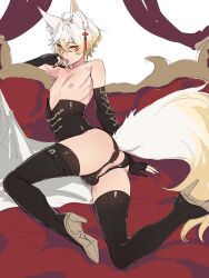 1boy animal_ear_fluff animal_ears anus anus_cutout anwianwi ass black_nails blonde_hair boots bulge corset couch earrings fox_boy fox_ears fox_tail gradient_hair high_heel_boots high_heels highres indie_virtual_youtuber jewelry looking_at_viewer male_focus mokotoko9 multicolored_hair nail_polish nipple_piercing nipples perineum piercing solo tail thigh_boots tongue tongue_out trap white_hair yellow_eyes