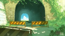 blue_sky bug cloud dappled_sunlight day dragonfly flower grass highres insect leaf no_humans original outdoors overgrown roadblock scenery sky spider_lily sunlight taizo_(taizo_03) tunnel