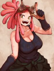 1girl :d black_gloves black_shirt boku_no_hero_academia breasts cleavage crosshair_pupils cutterhappa gloves goggles goggles_on_head hand_up hatsume_mei highres large_breasts looking_at_viewer open_mouth partially_fingerless_gloves pink_hair shirt smile solo symbol-shaped_pupils yellow_eyes
