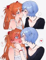 Rule 34 | !, ..., 2girls, 2koma, ?, alternate costume, angry, ayanami rei, bare shoulders, black nails, black shirt, blue eyes, blush, closed eyes, closed mouth, collarbone, comic, couple, earrings, embarrassed, eye contact, eyebrows hidden by hair, grey hair, hair between eyes, half-closed eyes, hand up, heart, highres, imminent kiss, jewelry, kiss, licking, long hair, looking at another, multiple girls, nail polish, neck, necklace, neon genesis evangelion, open mouth, orange hair, qiandaiyiyu, red eyes, serious, shirt, short hair, simple background, souryuu asuka langley, spoken ellipsis, spoken exclamation mark, spoken heart, spoken question mark, surprised, tagme, tongue, tongue out, upper body, white background, yuri