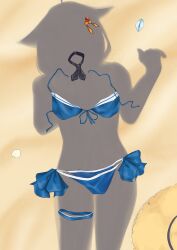 1girl ahoge bikini blue_bikini dressed_shadow_(meme) female_pov hair_flaps hat highres implied_nudity kantai_collection meme pov pov_shadow sand seashell shadow shell shieena shigure_(kancolle) shigure_kai_san_(kancolle) shigure_kai_san_(swimsuit)_(kancolle) solo swimsuit thigh_strap unworn_bikini unworn_bikini_bottom unworn_bikini_top