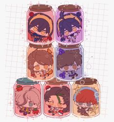 3boys 4girls absurdres arven_(pokemon) bee_(dtlkdt) black_hair blue_hair blue_jacket blue_necktie blue_pants blue_shorts blueberry brown_eyes brown_hair carmine_(pokemon) chibi crossed_bangs fanny_pack florian_(pokemon) food fruit full_body green_eyes green_hair grey_eyes grey_hoodie grey_shirt hair_between_eyes hairband highres hood hoodie jacket jar juliana_(pokemon) kieran_(pokemon) korean_commentary long_hair multicolored_hair multiple_boys multiple_girls necktie nemona_(pokemon) nintendo orange_(fruit) orange_eyes orange_necktie orange_shorts orange_slice pants penny_(pokemon) poke_ball poke_ball_(basic) pokemon pokemon_sv purple_hair red_hair shirt short_hair shorts sparkle streaked_hair submerged two-tone_hair vest white_jacket white_shorts yellow_eyes yellow_hairband yellow_vest