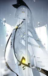 Rule 34 | 1girl, absurdres, blue archive, cloak, colored skin, dress, hair over one eye, hat, highres, long hair, malkuth (blue archive), parted lips, sangnoksu, sidelocks, solo, symbol-shaped pupils, white cloak, white dress, white hair, white hat, white skin, wide brim, x-shaped pupils, yellow eyes
