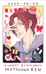 1boy adam&#039;s_apple black_jacket emoji english_text free! grey_hoodie highres hood hoodie jacket looking_at_viewer male_focus matsuoka_rin nose one_eye_closed parted_bangs parted_lips portrait red_eyes red_hair sedol_tw sharp_teeth shirt short_hair slit_pupils solo teeth white_shirt