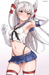1girl amatsukaze_(kancolle) armpits black_neckerchief black_panties blue_skirt breasts cosplay crop_top elbow_gloves gloves grey_hair hair_tubes highleg highleg_panties highres horizontal-striped_thighhighs kantai_collection long_hair microskirt mizuki_(uzuki_no_sato) navel neckerchief panties sailor_collar shimakaze_(kancolle) shimakaze_(kancolle)_(cosplay) skirt solo striped_clothes striped_thighhighs thighhighs two_side_up underwear white_gloves